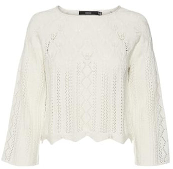 VERO MODA Damen Feinstrick Pullover Legereres Strick Muster Oberteil Weicher Longsleeve, Farben:Creme, Größe:L