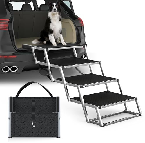 PetRuna Extra Wide Dog Stairs for Large Dogs, Foldable Dog Ramp for Car with Non-Slip Surface, Dogs Stairs for Cars, High Beds, Truck, Supports up to 250 lbs, 4 Steps