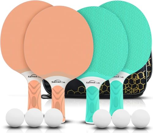 Senston Set med professionella bordtennisracketar, för 4 spelare, kompositgummi, bordtennispaddel, inomhus- eller utomhusspel (orange och grön)