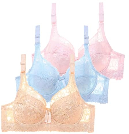 3Pcs Floral Lace Bras for Women Ladies Bras Underwired Full Support Adjustable Straps Womens Everyday Bra Soft Breathable Push Up Underwear Seamless Women Sports Bras… Blue