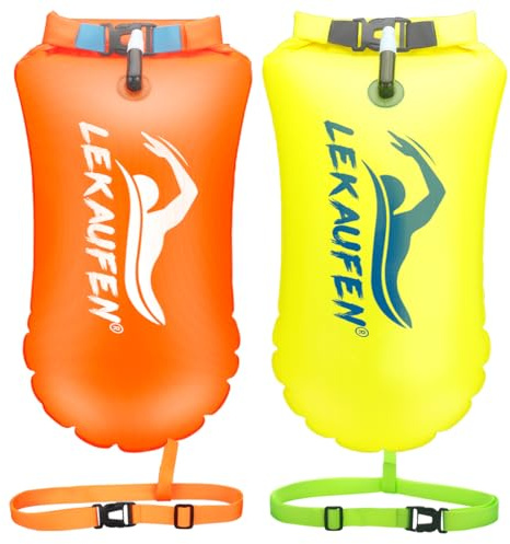 LeKaufen Swim Buoy for Open Water 2 Pack, 20L Swim Safety Float Waterproof Dry Bag for Swimmers Triathletes Kayakers Snorkelers, Swimming Pull Buoy for Safer Swim Training (Yellow & Orange)