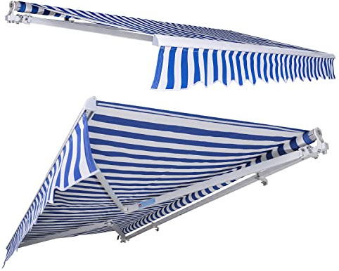 Jayseuw Markise Gelenkarmmarkise 350 x 300 cm, Balkon Markise, Manuelle Sonnenschutz Sonnenmarkise Terrassenmarkise, Alu und 280g/㎡ Polyester Markisen, für Balkon, Terrasse, Innenhöfen, Blau-weiß