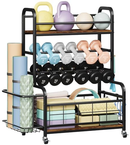 Homeiju Dumbbell Rack,Weight Rack for Home Gym, Home Gym Storage for Dumbbells Kettlebells Yoga Mat and Strength Training Equipment,Weight Storage Rack for Dumbbells with Wheels&Hooks(Vintage Brown)