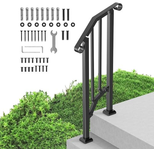 VEVOR Pasamanos para Escaleras 1-2 Escalones Barandillas de Acero al Carbono de Transición con Kit de Instalación Barandillas para Escalones de Hormigón, Porches, Terrazas, Arco Retro, Negro