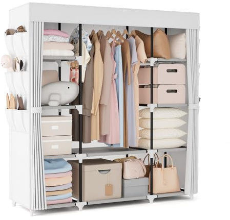 VTRIN Portable Closet Wardrobe for Hanging Clothes 57.3 Inch Large Capacity Clothes Rack with Cover, 10 Storage Organizer Shelves, 1 Hanging Rods and 6 Pockets, Free Standing Closet, White