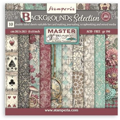 Stamperia - Scrapbook Paper Pad for Scrapbooking, Albums, Cards, Bullet Journals, and More, Acid Free, Double-Sided, Perfect for Crafts and Gifting (Master of Magic, Backgrounds) (20.3 x 20.3cm)