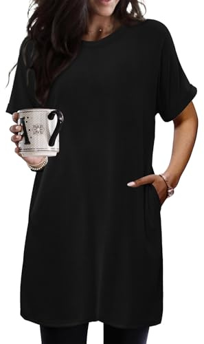 KISSMODA Womens Summer Tunic Tops for Leggings Short Sleeve Casual Long Shirts with Pockets A Black