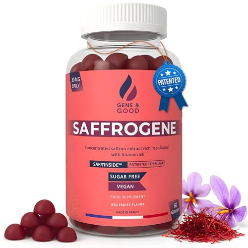SaffroGene® – Gommes au safran et vitamine B6 – 60 gommes véganes au goût fruits rouges – Formule naturelle – Fabriqué en France