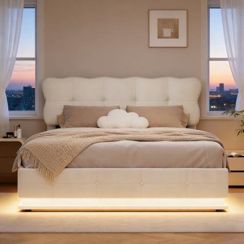 BRILVERDE Polsterbett 140x200 mit Stauraum, Doppelbett mit LED, Stauraumbett mit Kopfteil, Bettgestell mit Lattenrost, Bettkasten, Samt (Beige, 140 x 200 cm)