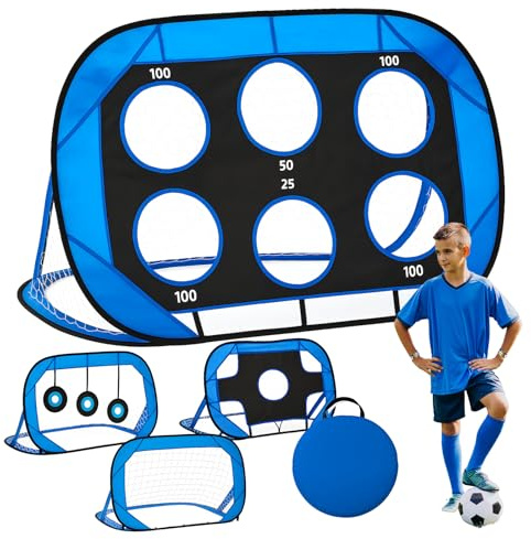 Kids Football Goal 4 Modes, Pop Up Football Target Garden Net Portable Soccer Goal Post with Carry Bag, Gifts for Boys Girls Training Equipment for Indoor Outdoor Beach Play Game 120 * 80cm (Blue)