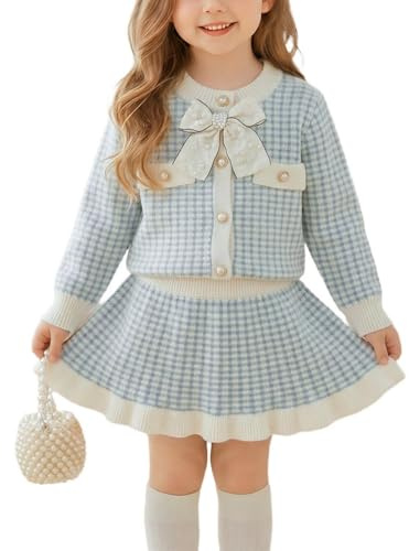 DivingBirds - Vestido para niñas pequeñas con manga larga, cárdigan de punto con lazo y falda a cuadros con volante, conjunto de 2 piezas, ropa casual de otoño e invierno para niñas de 12 meses a 6
