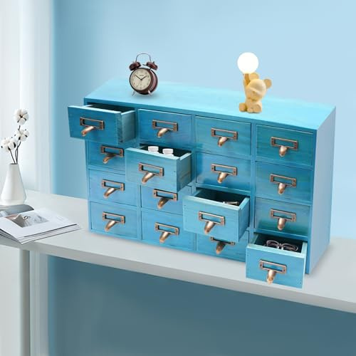 Armario farmacéutico con 16 cajones, madera y metal, armario de farmacia vintage, organizador de escritorio multifuncional, práctico armario de almacenamiento para oficina en casa, dormitorio y sala