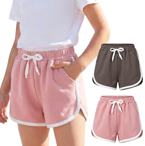 Baogaier Girl Athletic Shorts with Pockets 2 Pack Cotton Shorts 12-13 Years