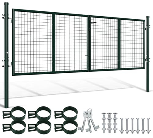 Cancello da giardino in metallo, porta a doppio battente, 300x100 cm, tubo tondo, fai da te, patchwork, incluso il lucchetto, per recinzione a doghe (verde).