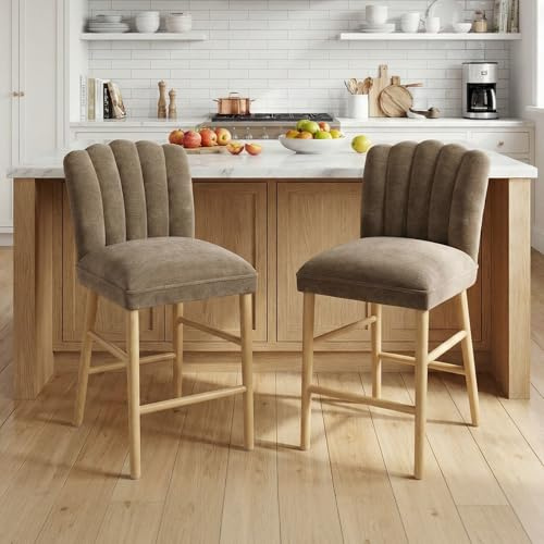 chairus Barhocker 2er Set Holz Barstuhl mit Lehne, Chenille Küchenhocker Gepolstert Thekenhocker mit Fußstütze für Esszimmer, Braun