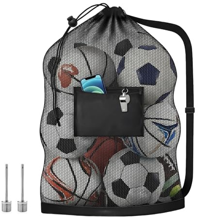 Bomxmon Extra Large Mesh Ball Bag, Drawstring with Adjustable Shoulder Strap for Basketball, Football, Volleyball (Black)