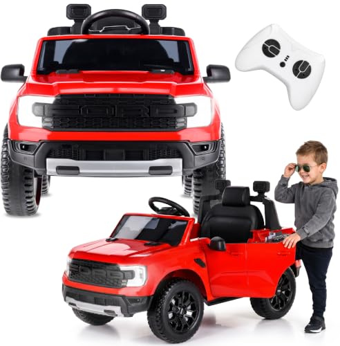 SUN BABY Ford Raptor Elbil för Barn 3-6 År 12V 4,5Ah - Röd | fjärrkontroll för föräldrar, MP3, LED-ljus, fjädring