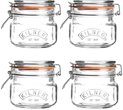 Kilner Quadratische Einmachgläser mit Bügelverschluss, 0,5 Liter (500 ml), luftdichte Gläser zum Einkochen, Einlegen und Aufbewahren, BPA-frei, spülmaschinenfest, langlebig, 4 Stück