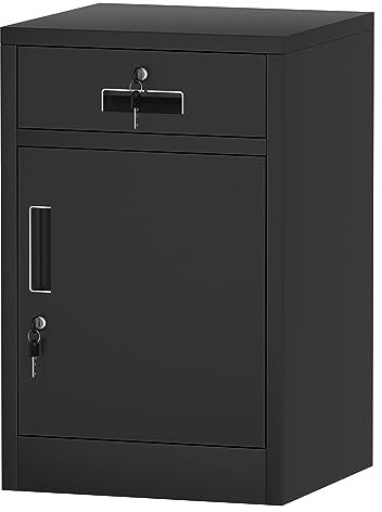 JINGUR Aufbewahrungsschrank aus Metall mit verriegelbarer Tür und Schublade, abschließbare Schubladenkommode mit verstellbarem Einlegeboden für Zuhause, Büro, Schlafzimmer, Wohnzimmer (schwarz)