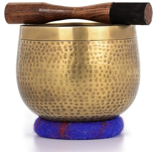 Tibetanische Klangschalen- Set - 100% von Hand in Nepal gehämmerte Klangschale für Meditation, Yoga, Chakra, Meditationszubehör, einzigartige Geschenke für Frauen, Männer (14 cm)