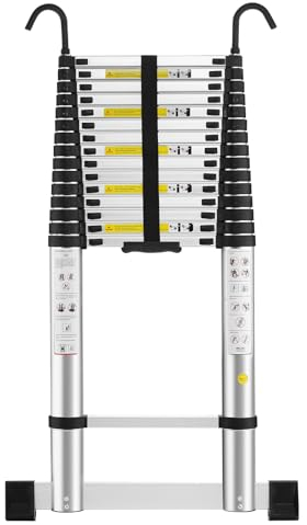 STANEW Escalera Telescópica de 6,2m de Aluminio, Plegable, Escalera Extensible con Barra de Equilibrio con Reposabrazos Extraíble, Multifunción Portátil Plegable Extensible, Carga Máxima de 150 kg