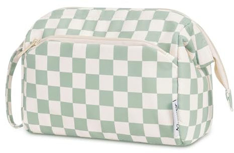 Narwey Kulturtasche Damen Kulturbeutel Kosmetiktasche Schminktasche Reise Make-up-Tasche mit Weit Offener Tasche für Damen Frauen (Gitter Minzgrün)