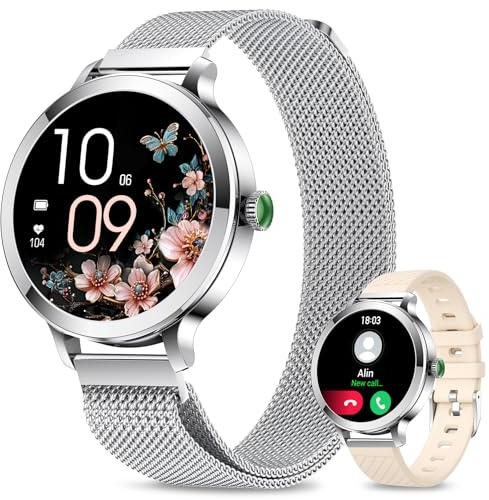 Efolen Smartwatch Damen mit Telefonfunktion,1.1 AMOLED Smart Watch Damenuhr, Armbanduhr mit 110+ Sportmodi Pulsuhr SpO2, Schrittzähler Kalorien Fitness Tracker für Android iOS Silver