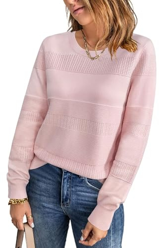 Arach&Cloz Pulls Femme en Automne 2025 Tops Casual Tricotés Col Rond au Crochet à Manches Longues Rose, M