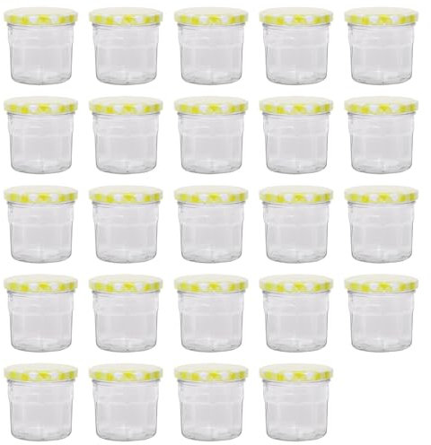 Argon Tableware Glass Jam Jars with Airtight Yellow Gingham Lids - 130ml - Pack of 24 - Empty Screw Top Kitchen Storage Jar for Food, Honey, Spice, Pickling, Preserving, Candle Making