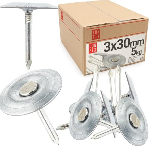 Lun Fix Clavos de techo con arandela 3,0 x 30 mm – 5 kg galvanizados clavos de fieltro para techos con disco clavos de acero para peines, 30 mm de largo, para materiales de techado, tejas asfálticas