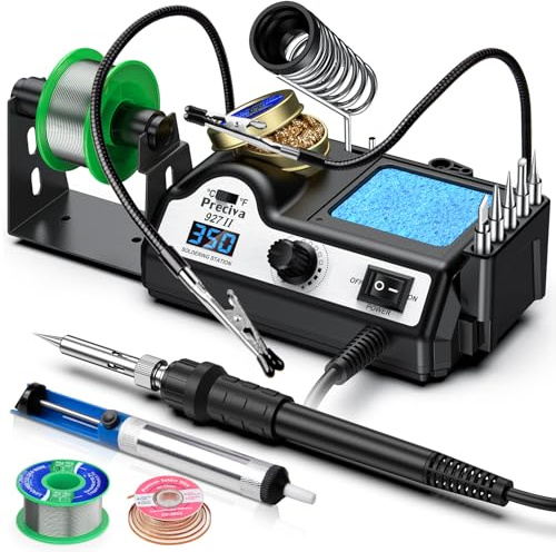 Preciva 927II Digital Soldering Station Kit, 130W MAX High Power with 5 Extra Iron Tips, 2 Helping Hands, Lead-Free Solder, Solder Sucker, Tip Storage Slots, Tip Cleaner, °C/°F Conversion, Auto Sleep