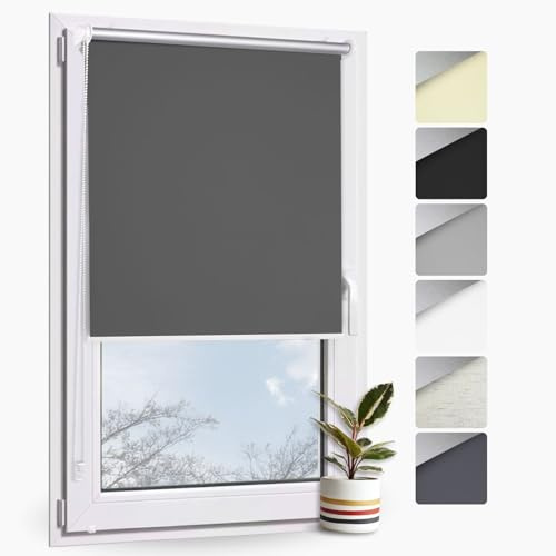 Rollmayer Verdunklungsrollo ohne Bohren mit Klemmfix (Thermo Graphit 140x150 cm BxH) Seitenzug Rollo für Fenster und Türen Blickdicht lichtundurchlässig Energiesparrollo einfache Montage