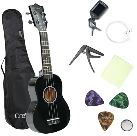 Crystals 21 Soprano Ukulele for Beginners - Perfect for Kids & Adults, with Gig Bag, Felt Pick & Spare Strings - Ideal for Learning & Fun - Lightweight Black Ukulele