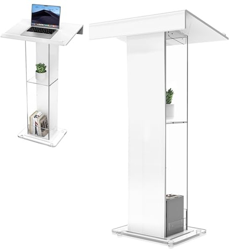 Acryl Podium, Weiß Acryl Rednerpult mit Speicher Regal, Kirche Kanzel mit Verdickt Breiter Leseplattform, Stabilität Podium Ständer for Kirche, Vortrag, Hochzeit, Klassenzimmer(60 x 40 x 115cm)