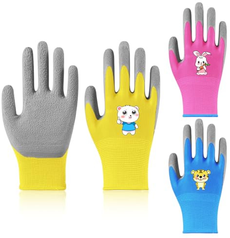 IKOPFLN 3 Pares de Guantes de Jardinería para Niños para 3-5 Años,Guantes Trabajo,Guantes de Jardín Recubiertos de Goma,3XXXS