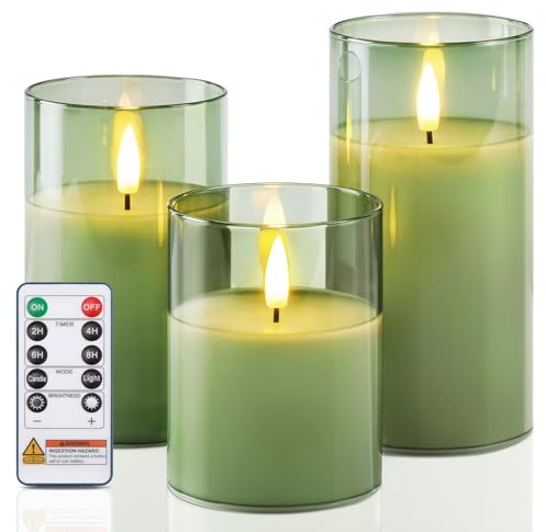 Homemory Green Glass Flameless Candles, Battery Operated LED Pillar Candles with Remote Control and Timer, Radiance Candles, Real Wax, Set of 3,D3 xH4 5 6