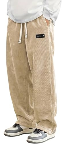 PADOLA Pantaloni Uomo in Velluto a Coste Largo Taglio Dritto, Modello con Vita Elasticizzata e Cordino, 4 Tasche, Casual Pantalone(L,Cachi)