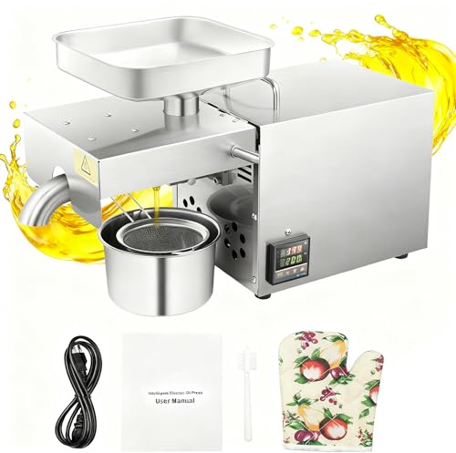 110V 8.8LBS/H Commercial Oil Press Machine, 610W Auto Electric Oil Maker, 104-410℉ Temp Range 304 Stainless Steel Cold & Hot Pressing Walnut Oil Maker w/Cleaning Brush, Filter, Bowl, etc