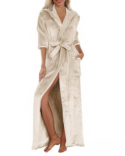 Peignoir long en polaire pour femme - Peignoir de douche à capuche avec poches - Peignoir à capuche en polaire chaude - Robe de chambre extra longue et moelleuse, beige, XXL