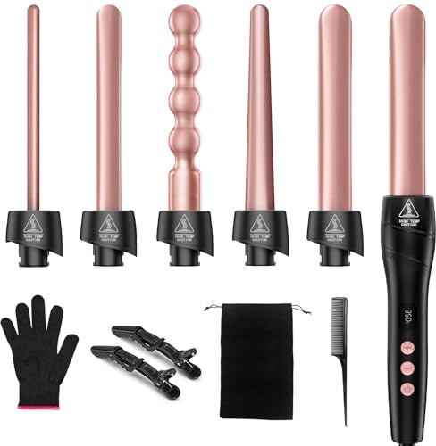 6 in 1 Curling Iron Set,Professional Multi Curling Iron Wand Set with 6 Interchangeable Ceramic Barrels for Women in All Hair Type,Dual Voltage Hair Curler for Short to Long Hair
