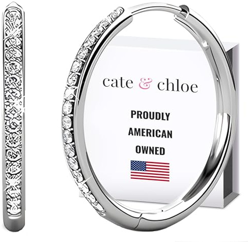 Cate & Chloe Bianca 18K White Gold-Plated Hoop Earrings |Dainty Jewelry for Women | Round Cut Simulated Diamond Crystals | 25mm Sparkling Small Hoops | Mother's Day, Birthday Gift for Her