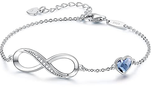 CDE Mothers Day Gifts Infinity Heart Birthstone Charm Link Bracelet for Women 925 Sterling Silver Adjustable Valentine's Mother's Day Christmas Day Gift Anniversary Birthday Jewelry for Wife Girlfriend Her（Silver-Blue）