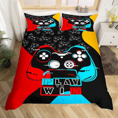 Loussiesd - Juego de ropa de cama infantil con estampado Gaming, para niños y niñas, tamaño Super King, funda nórdica ultra suave, color negro, rojo, amarillo, funda de edredón transpirable con