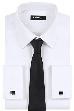 FAHIZO Men's White Dress Shirt French Cuffs with Cufflinks and Necktie, Black Necktie-L