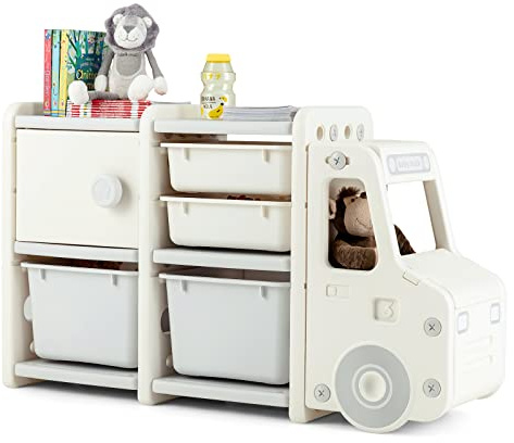 COSTWAY Meuble de Rangement Jouets pour Enfant en Forme Camion avec 2 Bac & 2 Tiroirs, Etagère de Rangement Jouet en HDPE avec 1 Placard, Bibliothèque pour Chambre Salle de Jeux, 110x32x66cm