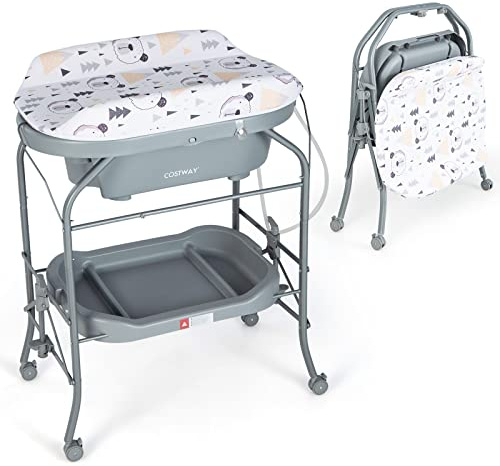 COSTWAY Fasciatoio con Vaschetta Bagnetto 2 in 1, Vasca da Bagno Pieghevole per Bambini, Fasciatoio con Materassino, Cestino Portaoggetti, Ruote con Freno, Portata 35kg+15kg (Grigio)