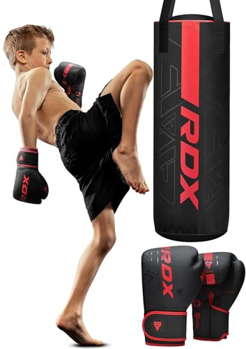 RDX 12 KG Gefüllt Boxsack Kinder mit Boxhandschuhe und Drehwirbel, 60 cm Hängend Box Set Für Boxen Kickboxen MMA Muay Thai Karate, Punchingsäcke für Jungen Mädchen, Maya Hide Leder Kids Punching Bag