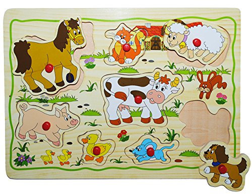 alles-meine.de GmbH Steckpuzzle mit Griffen - Bauernhof/Tiere - aus Holz - 8 Teile - großes Holzpuzzle/Einlegepuzzle - Griff Legespiel - Rahmenpuzzle/Kinderpuzzle - Tie..