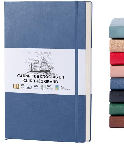 BEECHMORE BOOKS Quaderno da disegno A3 (29,7 x 42 cm) – 160 pagine, 160 g/m² | Copertina rigida in similpelle, sketchbook bianco, confezione regalo, pagine perforate, tasca posteriore, segnalibro