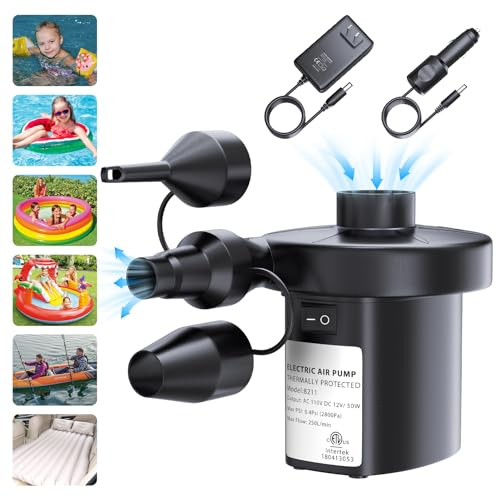 Electric Air Pump for Inflatables, VANNPOOY Portable Car Air Mattress Pump 110V AC/12V DC, Inflate Deflate Air Pump with 3 Nozzles, Pool Float Inflator Pump for Air Bed Toys Raft Boat Swimming Ring